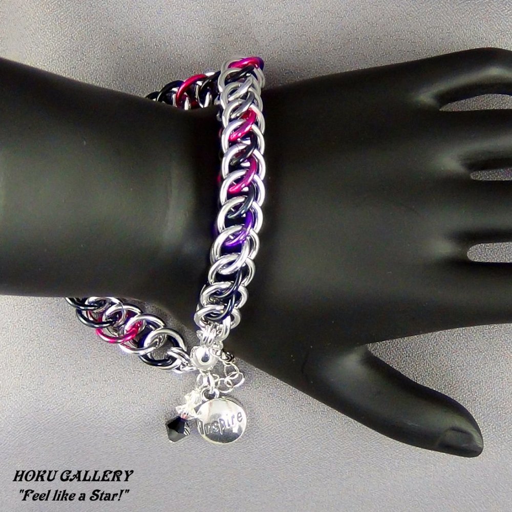 NWOT Bracelet of Silver Black Pink Purple Aluminum Rings SS Clasp Handmade 7.25"